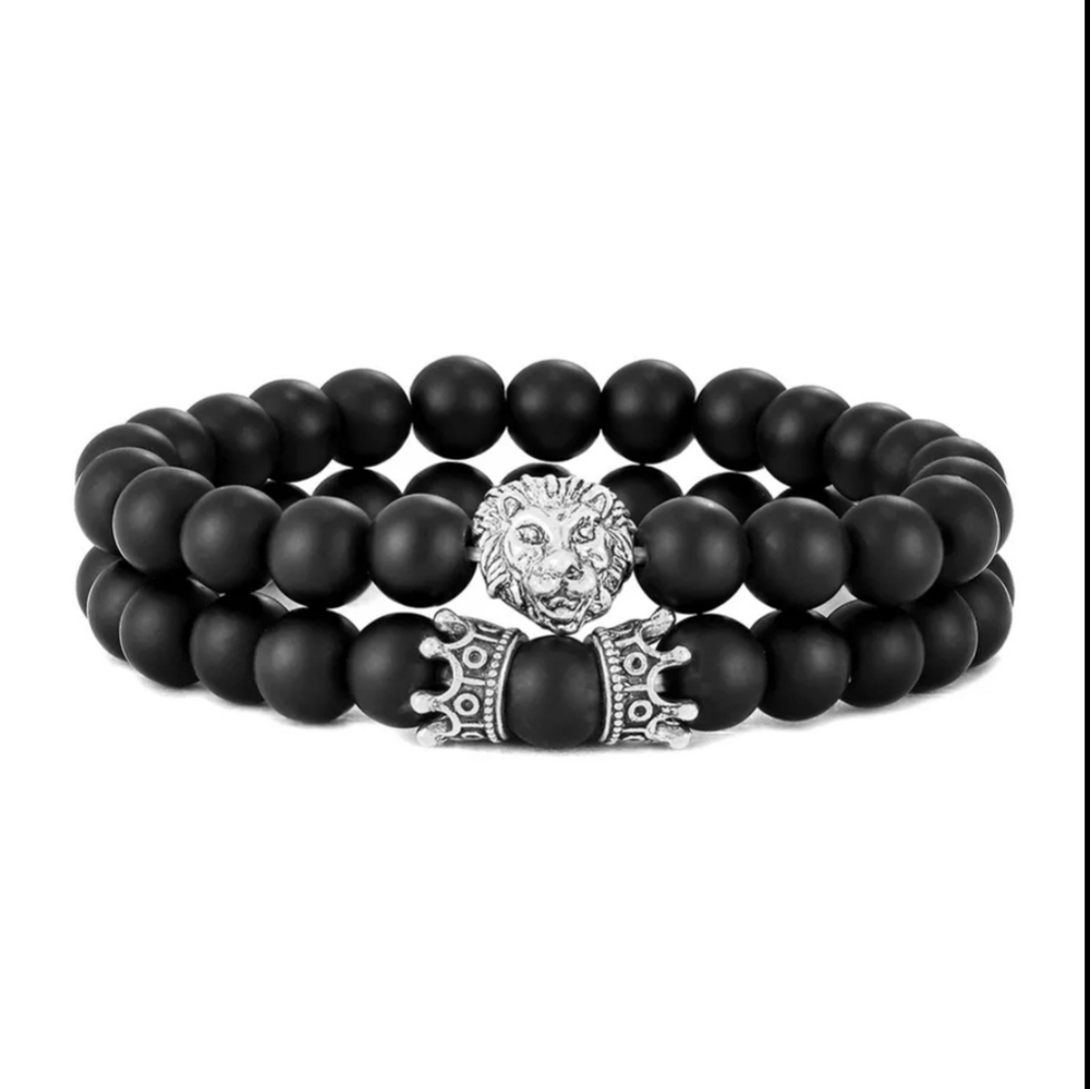 Black mate stone Lion head crown bracelet set